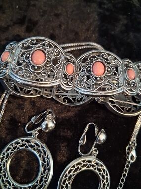 Sterling-Tone Filigree Bracelet with Pink Cabochons